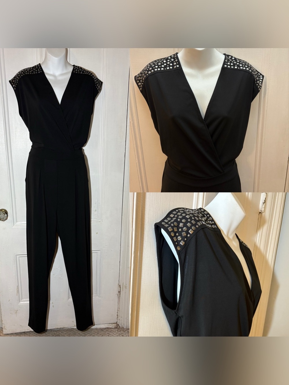 Venus sexy black stretch jersey jumpsuit punk embellishment studs evening club